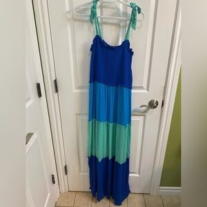 Bebop Blue Teal Tiered Casual Maxi Dress Gauze Smocked Multi Colorblock Large